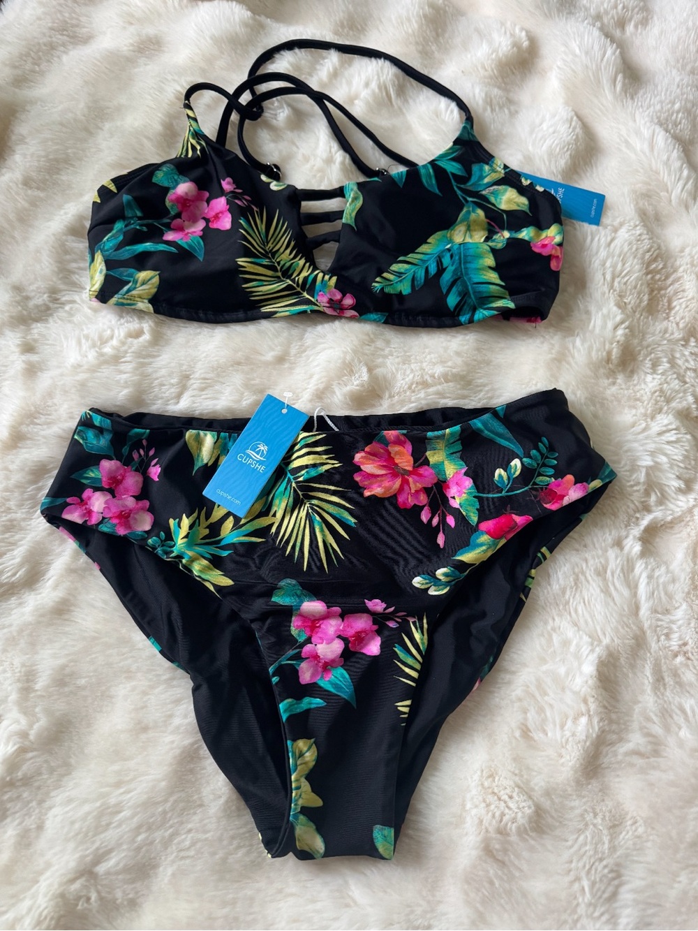 Cupshe Black Floral Strappy Bikini Set with Pink & Green Accents